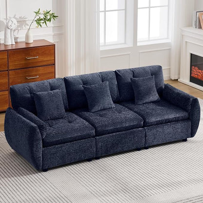 84" Modular Cloud Sofa, Deep Seat Tufted Chenille 3-Seater Sectional Couch with Curved Arms, Comfy Sofas for Living Room, Blue