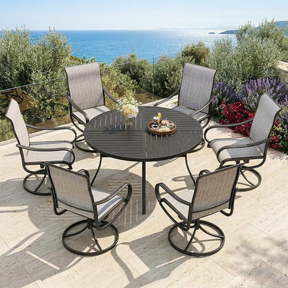 PHI VILLA 7 Piece Outdoor Patio Dining Set with 6 Swivel Dining Chairs & 1 Large Round Dining Table, Gray Textilene Mesh Fabric Chair and 54" Metal Table for All Weather