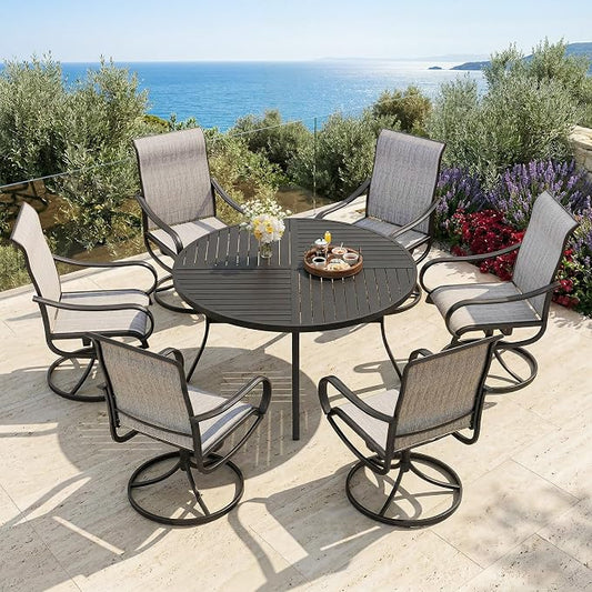PHI VILLA 7 Piece Outdoor Patio Dining Set with 6 Swivel Dining Chairs & 1 Large Round Dining Table, Gray Textilene Mesh Fabric Chair and 54" Metal Table for All Weather