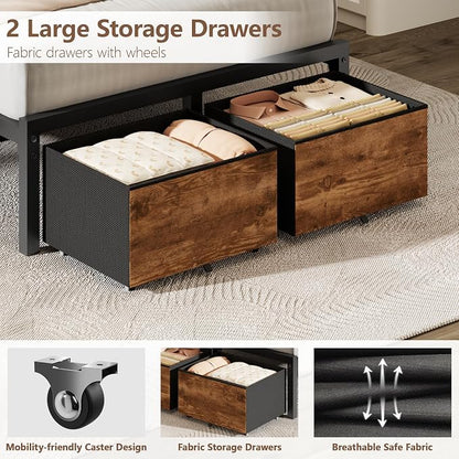 Forestell Twin Bed Frame with Wood Headboard,2 Storage Drawers & Shelf | Built-in Charging Station & LED Lights, Metal Support, No Box Spring Needed, noise-free, easy assembly, Smart RGB, USB+Type-C