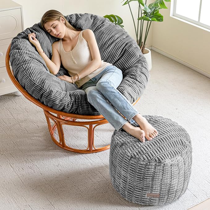 HIGOGOGO Pouf Ottoman Stuffed Round Modern Foam Filled Foot Rest Poufs for Living Room Chair Decorative 26 X 18 Inches Boho Relax Stool for Wedding Christmas Party, Light Grey