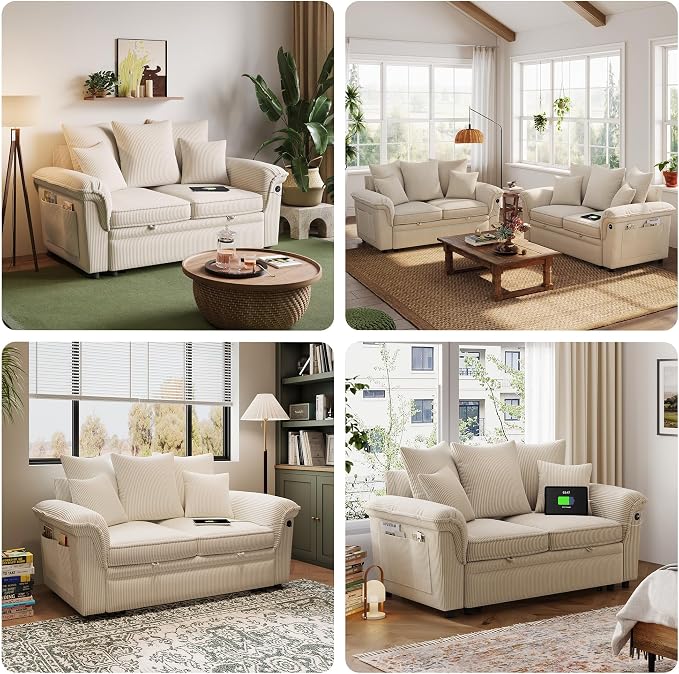 LINSY HOME Sectional Loveseat Sofa with Pull Out Chaise (Beige, 62.5'') | USB Charging