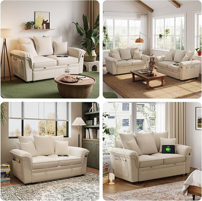 LINSY HOME Sectional Loveseat Sofa with Pull Out Chaise (Beige, 62.5'') | USB Charging