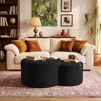 BSHOMGI Boneless Ottoman Nesting Coffee Table Set of 2,Corduroy Soft Foot Rest Movable Large Pouf Footstool for Living Room Sofa Couch Bedroom Entryway and Small Spaces No Assembly (Black)