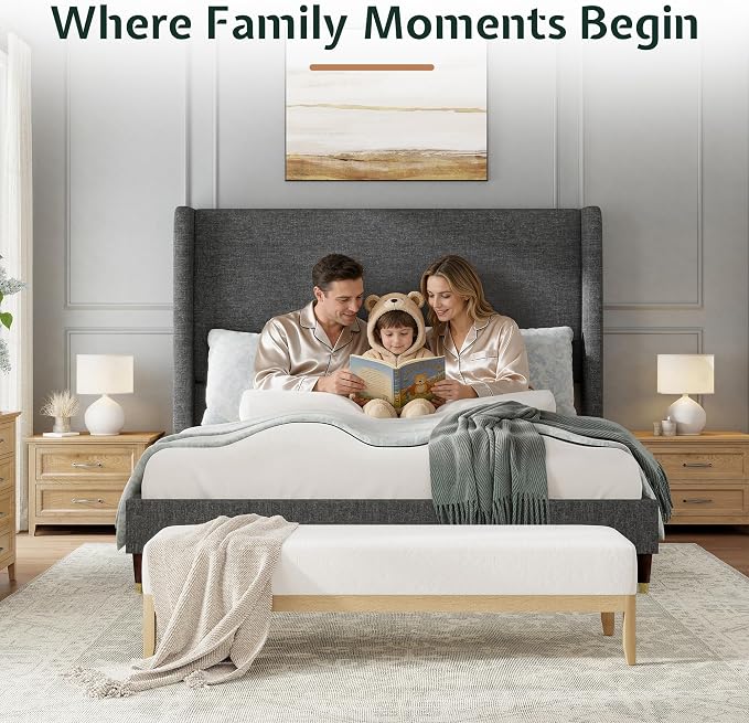 Jocisland King Size Bed Frame 51.2" Wingback Headboard Linen Upholstered Platform Bed,Solid Wood Legs & Wooden Slats,No Box Spring Needed,Noise-Free,for Family Master Suite Cozy Home,Dark Grey