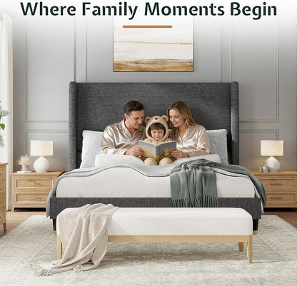 Jocisland King Size Bed Frame 51.2" Wingback Headboard Linen Upholstered Platform Bed,Solid Wood Legs & Wooden Slats,No Box Spring Needed,Noise-Free,for Family Master Suite Cozy Home,Dark Grey