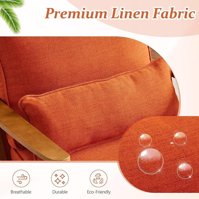 Vingli Solid Wood Wide Armrests Accent Chair Set of 2,Upholstered Mid Century Modern Chair with Pillow,Farmhouse Arm Chair Comfy Reading Chair,Chairs Living Room,Bedroom,Guest Room,Linen Fabric,Orange
