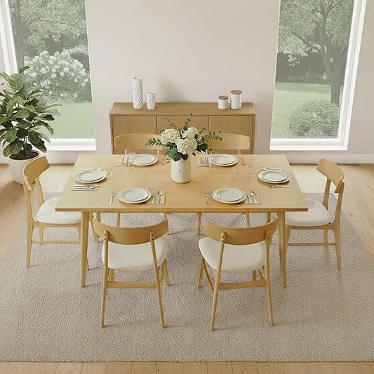 KISLOT Wooden Dining Chairs Set of 6, Upholstered Modern Dining Room Chairs, Mid Century Oak Kitchen Chairs with Curved Wood Backrest for Farmhouse, Restaurant, Café (Cream Fabric & Original Color)