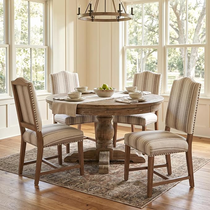ROCITY Linen Dining Chairs Set of 6 Upholstered Farmhouse Dining Room Chairs Kitchen Side Chairs with Wooden Legs&Nailhead Trim, Beige with Brown Stripe