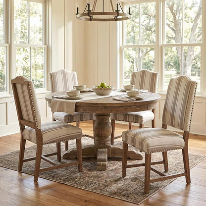 ROCITY Linen Dining Chairs Set of 6 Upholstered Farmhouse Dining Room Chairs Kitchen Side Chairs with Wooden Legs&Nailhead Trim, Beige with Brown Stripe