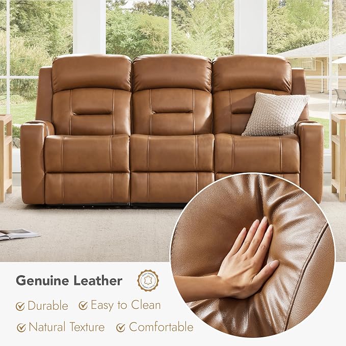 Watson & Whitely Genuine Leather Power Reclining Sofa, 3-Seater Lay Flat Recliner Sofa with Power Headrest, Cup Holders, USB & Type-C Ports, Electric Reclining Couch for Living Room, Saddle Brown