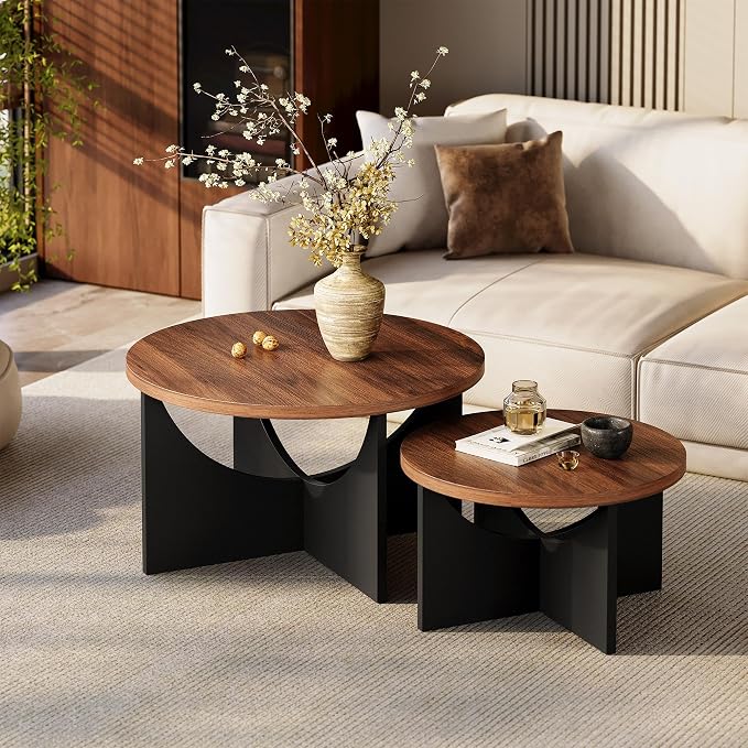 LIKIMIO Nesting Coffee Tables Set of 2, 31.5" Round Side Tables for Living Room, Wooden End Table, Walnut