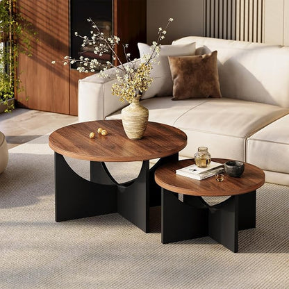 LIKIMIO Nesting Coffee Tables Set of 2, 31.5" Round Side Tables for Living Room, Wooden End Table, Walnut