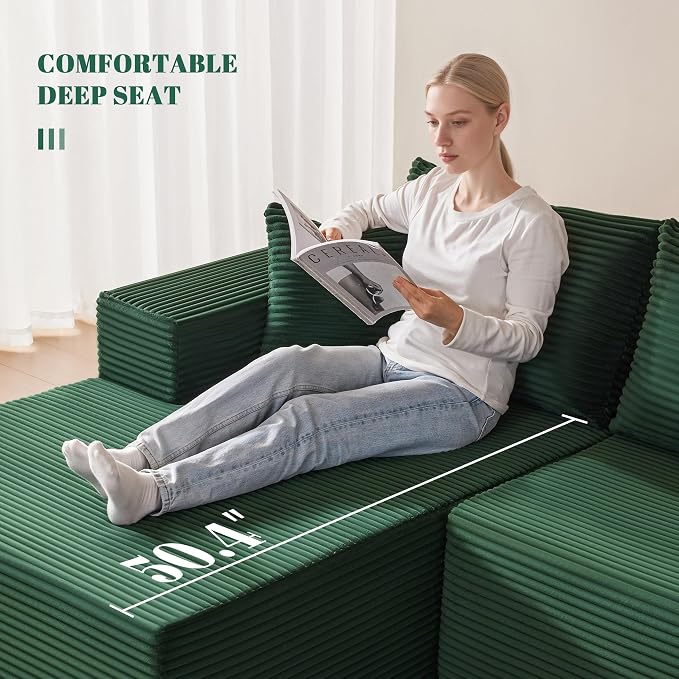 Mangodan 140” Cloud Sectional Couch, Modular Sectional Sofa with Deep Seat, Boneless Sofa for Living Room, Fluffy Comfy L-Shaped Couch with Left Facing Chaise, No Assembly Required, Green