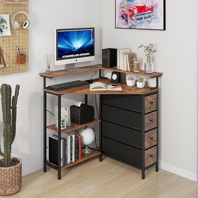 VENNQD Corner Desk with Drawers Shelves for Small Space 90 Degrees Triangle Computer Desk with Power Outlets,Gaming Desk with LED Lights Monitor Stand for Home Office Workstation Writing Table (Brown)
