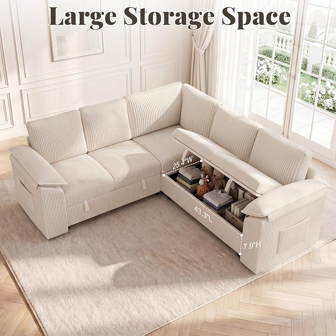 85 Inch Modular Sectional Sofa with Pull Out Couch Bed, L Shaped 5 Seat Sectional Couch with Storage, Corduroy Sectional Couches for Living Room, Cloud Modular Couch, Removable Sofa Cover, Beige