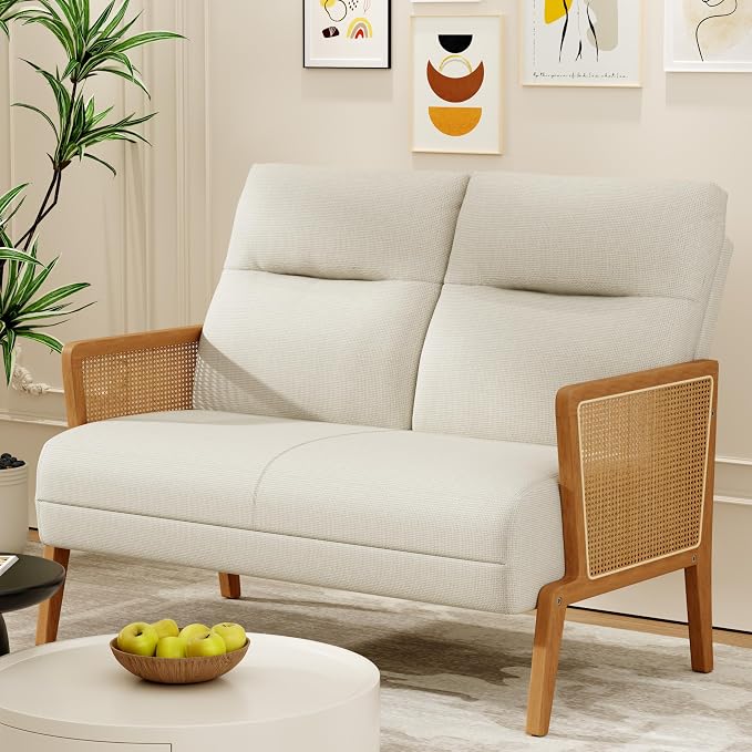 Love Seat Settee Mini Couch Upholstered Sofa with Natural Rattan Armrest Backrest Couch Bench Loveseat for Living Room Bedroom Beige