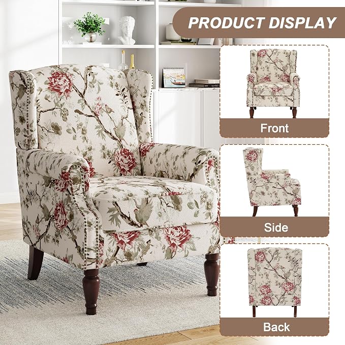 Pia Ricco High Back Floral Accent Chair - Retro Wingback Upholstered Armchair with Nailhead Trim, Solid Wood Legs, Fabric Living Room Bedroom Reading Chair (Flower Beige)