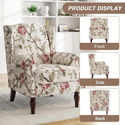 Pia Ricco High Back Floral Accent Chair - Retro Wingback Upholstered Armchair with Nailhead Trim, Solid Wood Legs, Fabric Living Room Bedroom Reading Chair (Flower Beige)