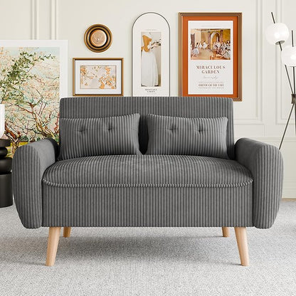 Vongrasig 48" Small Modern Loveseat Sofa, Mid Century Soft Corduroy Fabric 2-Seat Sofa Couch Tufted Love Seat with Back Cushions and Tapered Legs for Living Room, Bedroom and Small Space (Dark Gray)