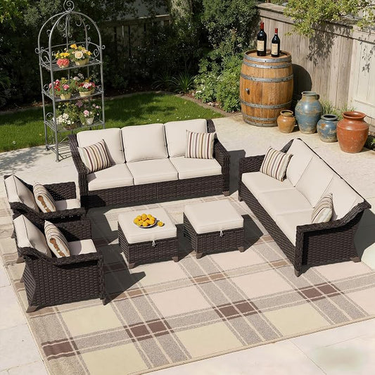 6 Pieces Patio Conversation Furniture Set - 2 Sofas, 2 Armchairs, 2 Ottomans, Outdoor Wicker Furniture with Removable Cushions for Porch, Balcony, Sunroom (Beige)