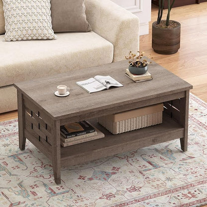 Giantex Farmhouse Coffee Table, 2-Tier Center Table with Storage Open Shelf & Woven Slatted Design, 39.5" Rectangular Accent Cocktail Table, Wood Coffee Tables for Living Room (Rustic Oak)