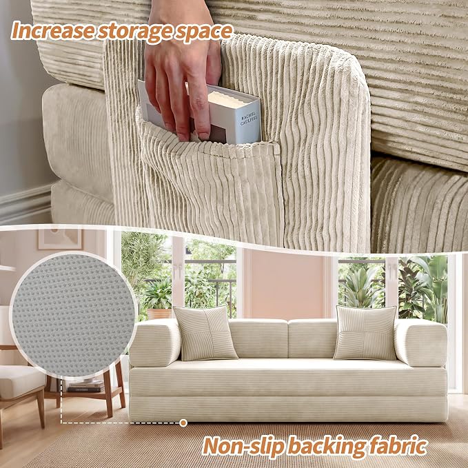 78.8" Convertible Sofa Bed with Armrest Pillow, 4-in-1 Sleeper Couch Bed for Livingroom, Modular Corduroy Boneless couches, No Assembly (Beige)