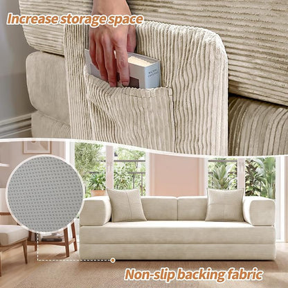 78.8" Convertible Sofa Bed with Armrest Pillow, 4-in-1 Sleeper Couch Bed for Livingroom, Modular Corduroy Boneless couches, No Assembly (Beige)