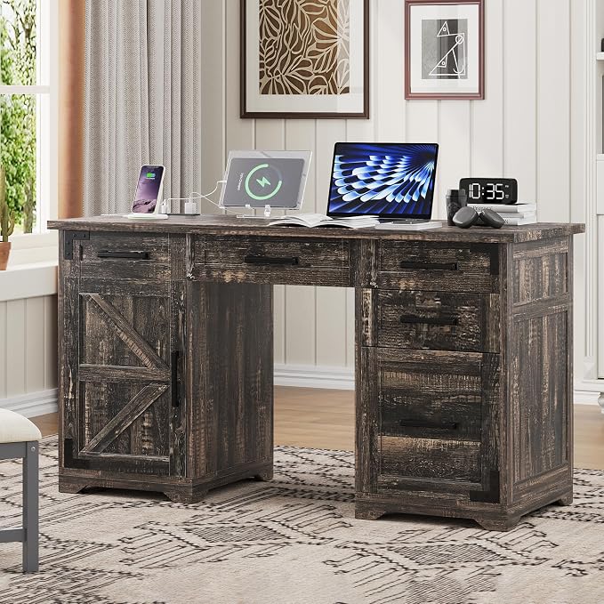 LUMISOL 55” Farmhouse Executive Desk with Charging Station and Power Outlet, Computer Desk with 5 Drawers and Cabinet, Rustic Wood Writing Study Table with File Drawer, Rustic Grey