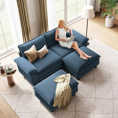 LINSY HOME 90'' Modular Sectional Sofa 2 Seat Couch Corduroy Cloud Couch with Deep Seat, Modern Cloud Couch with 2 Movable Ottoman for Living Room, Office, Bedroom, Blue