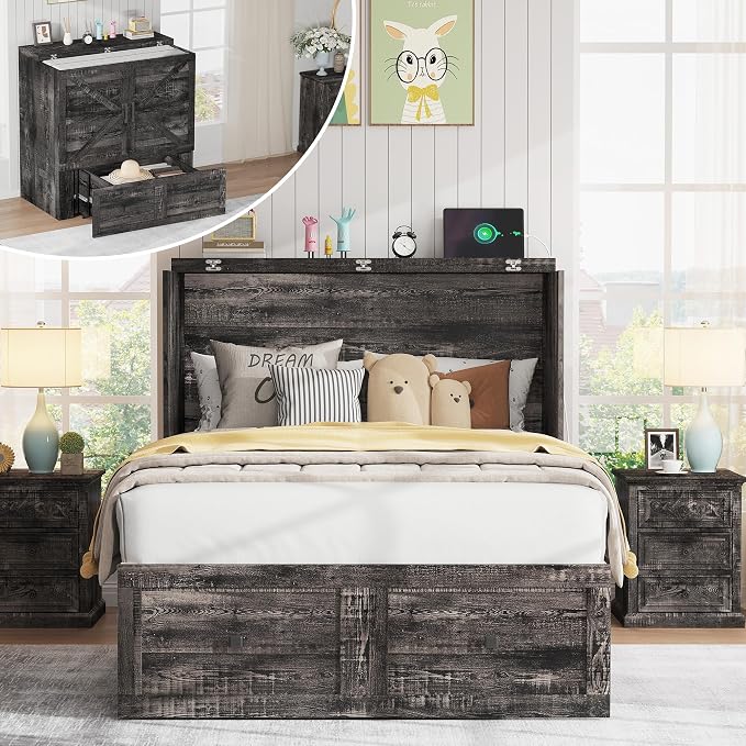 AMERLIFE Twin Murphy Bed Cabinet with Charging Station and Storage Drawer, Farmhouse Foldable Platform Bed for Home Office, Apartment, Small Spaces, Black Oak