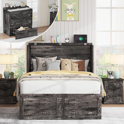 AMERLIFE Twin Murphy Bed Cabinet with Charging Station and Storage Drawer, Farmhouse Foldable Platform Bed for Home Office, Apartment, Small Spaces, Black Oak