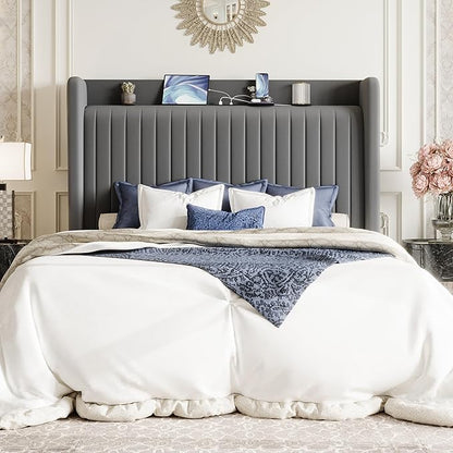 SHA CERLIN Queen Size Velvet Bed Frame with USB Charging Station, Wingback Storage Headboard, Upholstered Platform Bed with Wooden Slats Support, No Box Spring Needed, Easy Assembly, Grey
