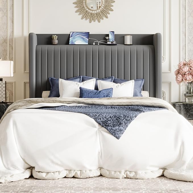 SHA CERLIN Full Size Velvet Bed Frame with USB Charging Station, Wingback Storage Headboard, Upholstered Platform Bed with Wooden Slats Support, No Box Spring Needed, Easy Assembly, Grey