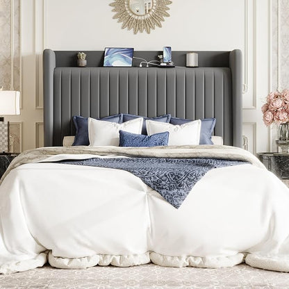 SHA CERLIN Full Size Velvet Bed Frame with USB Charging Station, Wingback Storage Headboard, Upholstered Platform Bed with Wooden Slats Support, No Box Spring Needed, Easy Assembly, Grey