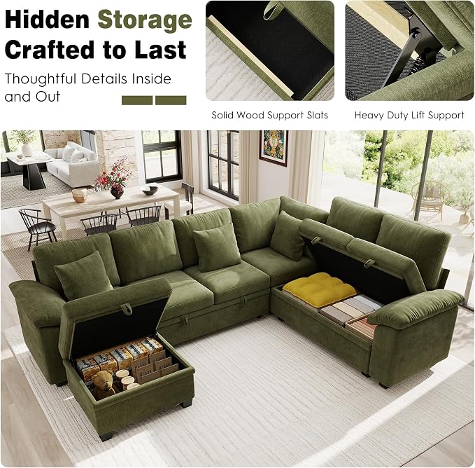 Ihanherry 108" Modular Sectional Sofa with Pull Out Bed, 7-Seater L Shaped Sectional Sleeper Couch with Storage, Chenille Convertible Couches for Living Room, Apartment (Green)