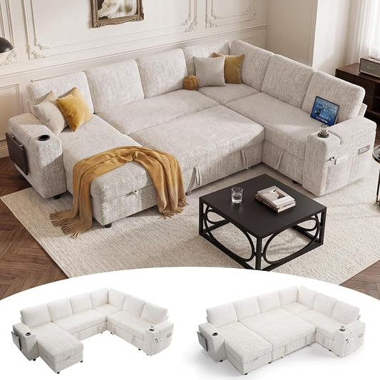 Vipbear Premium 111" Modular Sectional Sleeper Sofa, 7 Seat Sleeper Sofa with Pull Out Bed, L Shaped Couch with Storage Chaise|USB Ports|Cup Holders|Storage Armrests|Side Table, White