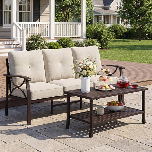 FansaFurn 3 Seats Outdoor Patio Furniture Set, Outdoor Metal Sectional Furniture with Cushions, Outdoor Conversation Set with Coffee Table for Deck, Balcony, Backyard, Garden, Khaki