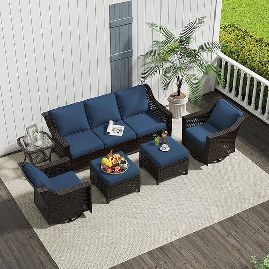 6 Pieces Patio Conversation Furniture Set - 1 Sofa, 2 Swivel Chairs, 2 Ottomans, 1 Side Table, Outdoor Wicker Furniture with Removable Cushions for Porch, Balcony, Sunroom (Blue)