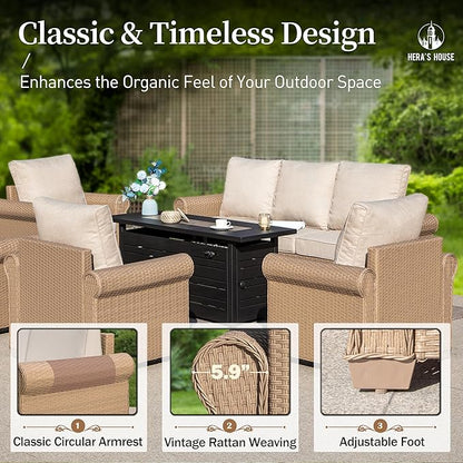 HERA'S HOUSE Patio Furniture Set, 4 x Cushioned Chairs, 3-Seat Sofa with Wood Grain Coffee Table, 5 Seats Luxury Windsor Style All Weahter Outdoor Sofa Conversation Set for Deck Lawn Backyard