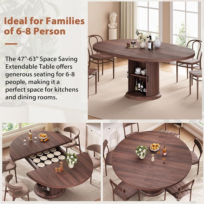Jocoevol 47″–63″ Extendable Round Dining Table for 4–8 with Dust-Proof 2-Tier Storage Shelf Space Saving Expandable Wood Oval Circle Dinner Furniture with Pedestal Base (Brown)