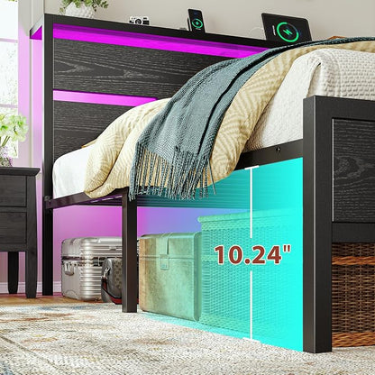 Homkdom King Size Bed Frame with USB Ports & LED Lights, Headboard Shelf, Heavy Duty Metal Platform with 10.24" Underbed Storage, Noise-Free Slats, No Box Spring Needed, Modern Black