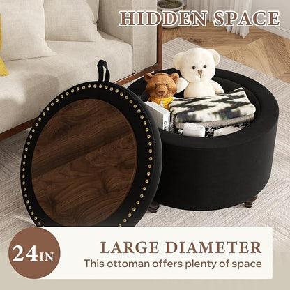 24 Inch Round Storage Ottoman,Modern Tufted Ottomans,Circular Coffee Table with Removable Top,Upholstered Large Ottoman with Storage Footrest Stool for Bedroom Living Room (Black)