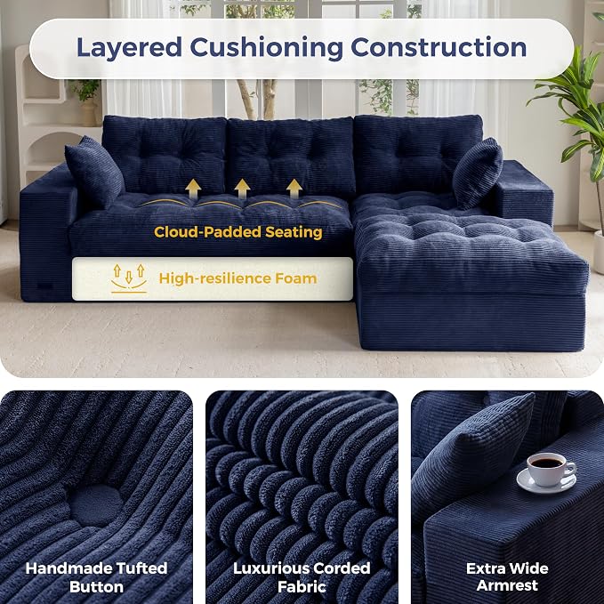 MAXYOYO 104" L Shaped Modular Sectional Sofa with Ottoman, Tufted Boneless Couch with Layered Cushion, Upholstered Flexible Module Combination Sofa for Living Room, No Assembly, Navy