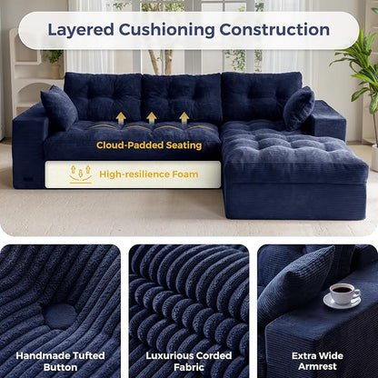 MAXYOYO 104" L Shaped Modular Sectional Sofa with Ottoman, Tufted Boneless Couch with Layered Cushion, Upholstered Flexible Module Combination Sofa for Living Room, No Assembly, Navy