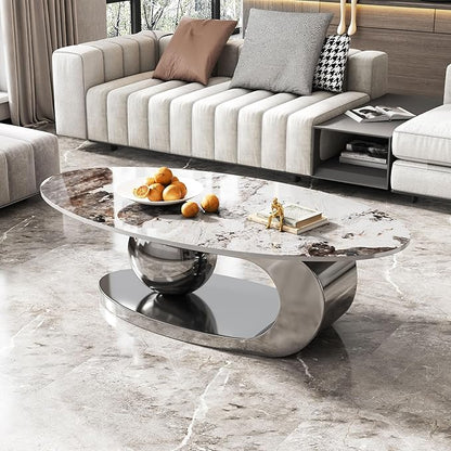49.2" Modern Oval Marble Coffee Table – Gray Stainless Steel Base, Scratch-Resistant, Easy Assembly