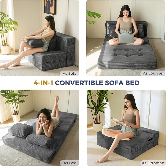MAXYOYO Convertible Sofa Bed, Fold Out Sofa Couch with Pillow, 4 in 1 Tufted Folding Couch Bed Foam Floor Couch, Lazy Chair for Living Room Bedroom Guest Room, Dark Grey