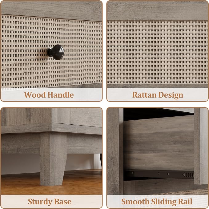 Rattan 3 Drawer Dresser for Bedroom, Small Boho Dresser with Wood Handles, Wood Nightstand, 29.52" Wide Modern Dresser, Chests of Drawers for Living Room, Entryway, Hallway, Wood Gray