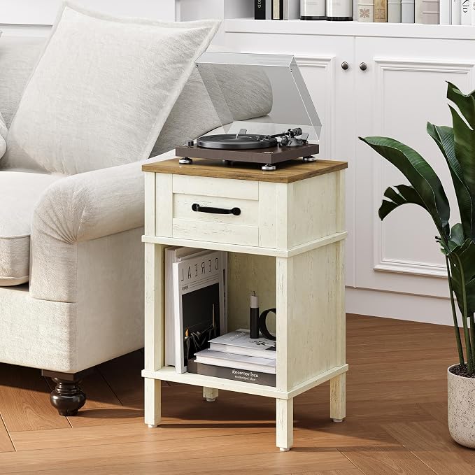 White Farmhouse Nightstand with Drawer, Small Wooden Bedside Table, White End Table, Bedroom Side Table with Storage, Rustic Wood Night Stand LET512WR