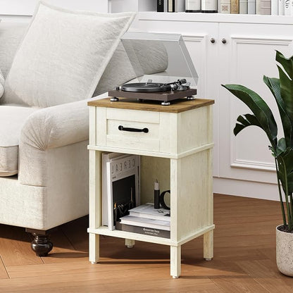 White Farmhouse Nightstand with Drawer, Small Wooden Bedside Table, White End Table, Bedroom Side Table with Storage, Rustic Wood Night Stand LET512WR